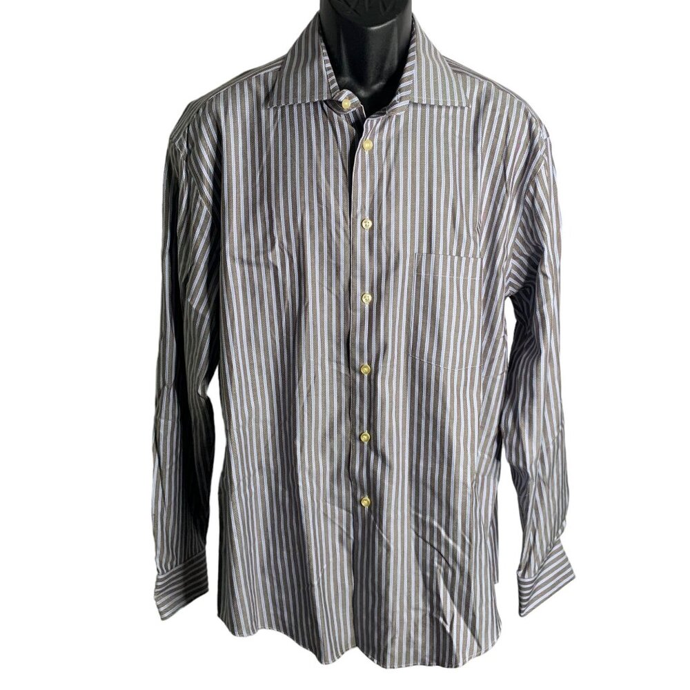 Egara Non Iron Modern Fit Button Up Shirt XL Brown Blue Stripes Long Sleeves